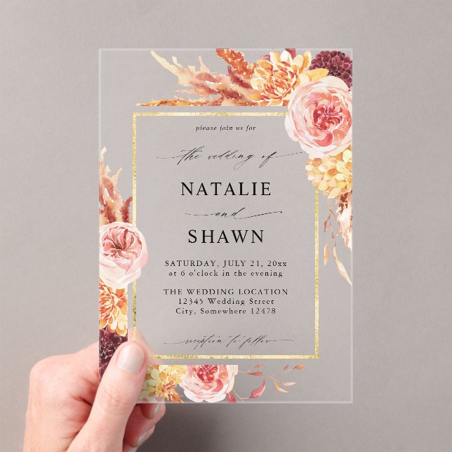 Golden Burgundy & Blush Pink Floral Wedding  Acrylic Invitations (Insitu (Handheld))