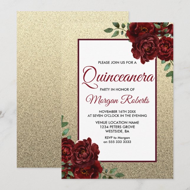 Golden Burgundy Red Rose Quinceanera Invitation (Devant / Derrière)