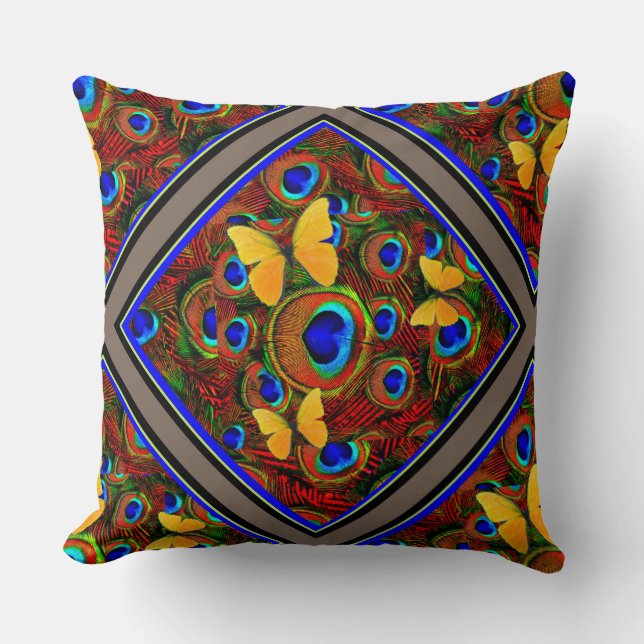 Golden Butterflies Blue Peacock Feathers Throw Pillow (Front)