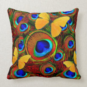 Golden Butterflies Blue Peacock Feathers Throw Pillow