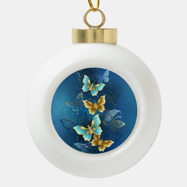 Golden butterflies ceramic ball christmas ornament (Front)