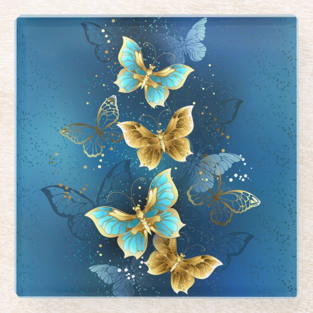 Golden butterflies glass coaster (Front)