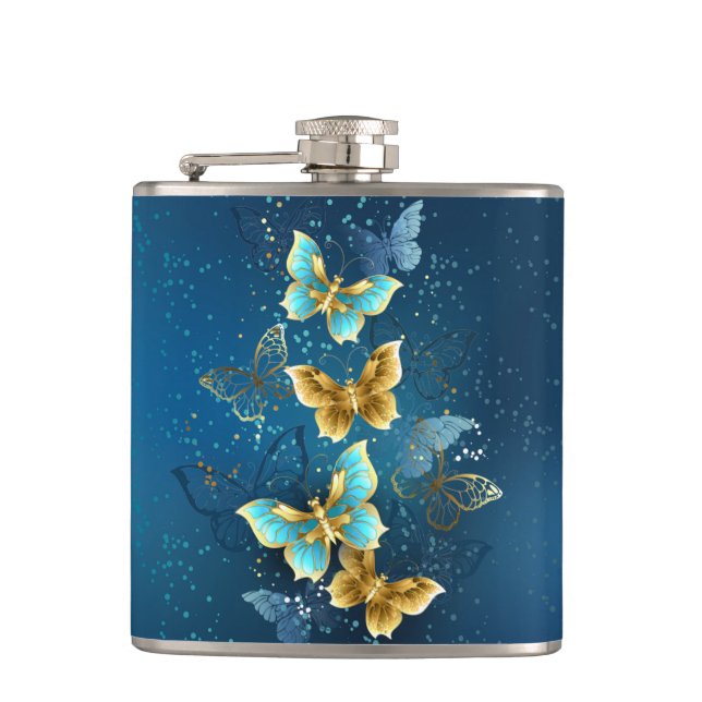 Golden butterflies hip flask (Front)