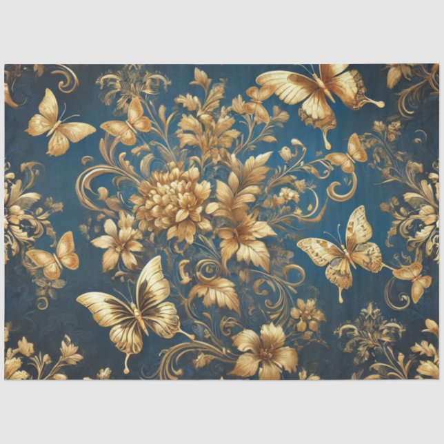 Golden Butterflies in Flower Garden Decoupage Tissue Paper (Front)