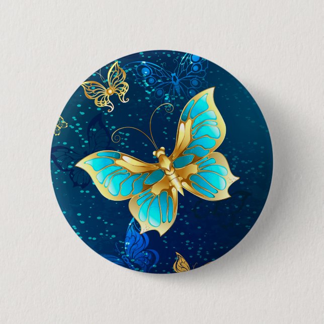 Golden Butterflies on a Blue Background 2 Inch Round Button (Front)