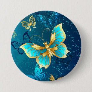 Golden Butterflies on a Blue Background 3 Inch Round Button