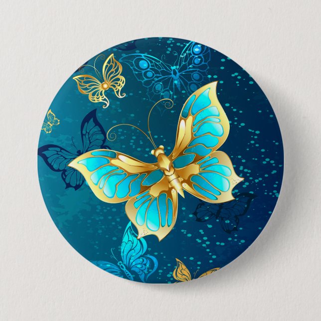 Golden Butterflies on a Blue Background 3 Inch Round Button (Front)