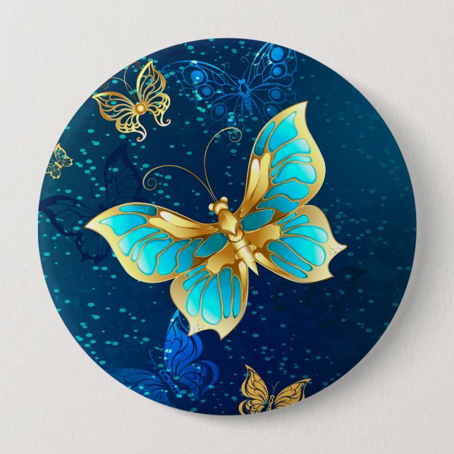 Golden Butterflies on a Blue Background 4 Inch Round Button (Front)