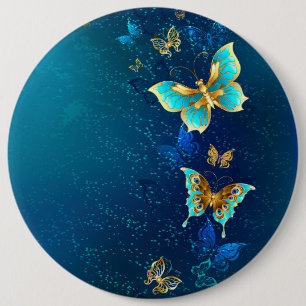 Golden Butterflies on a Blue Background 6 Inch Round Button