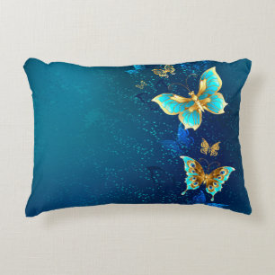 Golden Butterflies on a Blue Background Accent Pillow