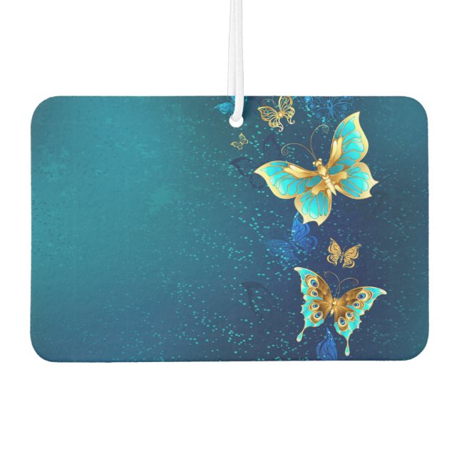 Golden Butterflies on a Blue Background Air Freshener (Front)