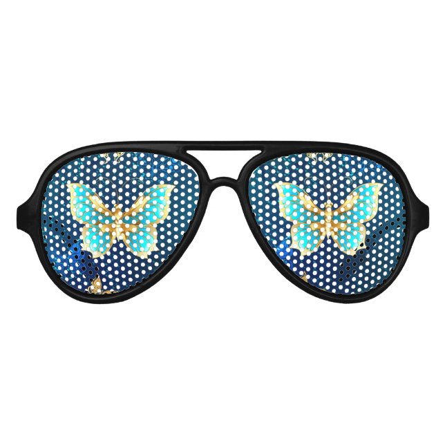 Golden Butterflies on a Blue Background Aviator Sunglasses (Front)