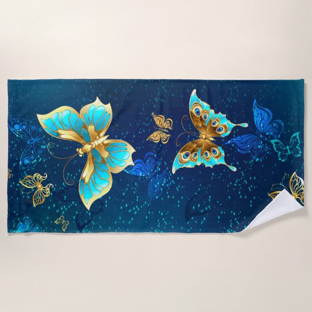 Golden Butterflies on a Blue Background Beach Towel (Front)