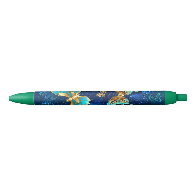 Golden Butterflies on a Blue Background Black Ink Pen (Front)