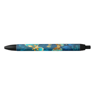 Golden Butterflies on a Blue Background Black Ink Pen