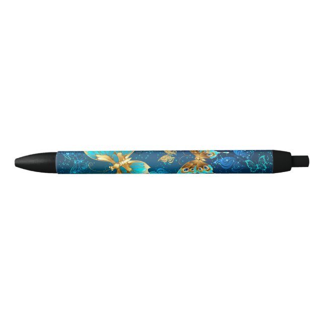 Golden Butterflies on a Blue Background Black Ink Pen (Front)
