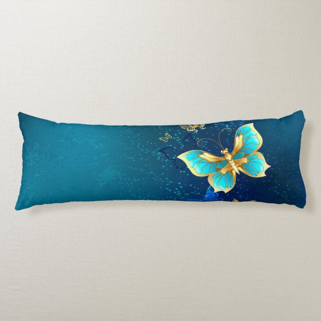 Golden Butterflies on a Blue Background Body Pillow (Front)