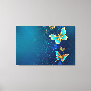 Golden Butterflies on a Blue Background Canvas Print