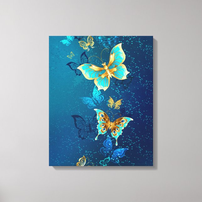 Golden Butterflies on a Blue Background Canvas Print (Front)