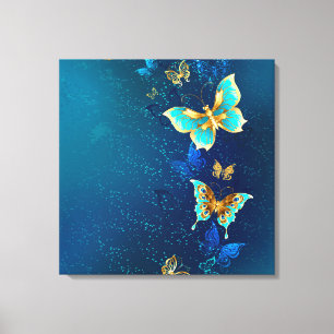 Golden Butterflies on a Blue Background Canvas Print