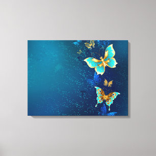 Golden Butterflies on a Blue Background Canvas Print