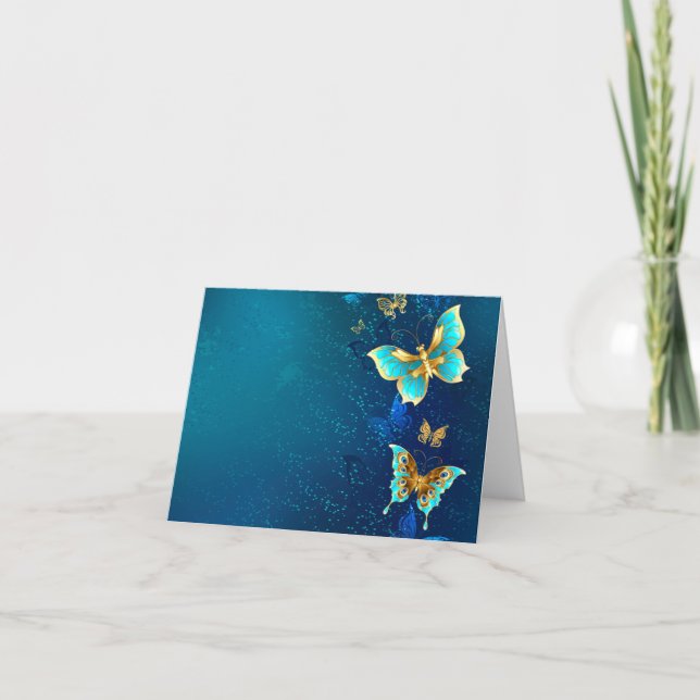 Golden Butterflies on a Blue Background Card (Front)