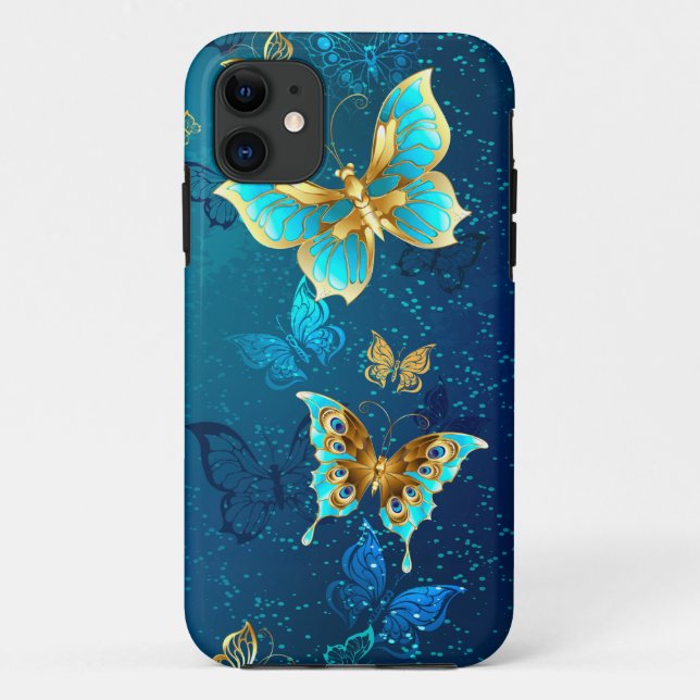 Golden Butterflies on a Blue Background Case-Mate iPhone Case (Back)