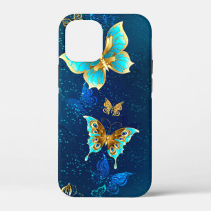 Golden Butterflies on a Blue Background iPhone 12 Mini Case
