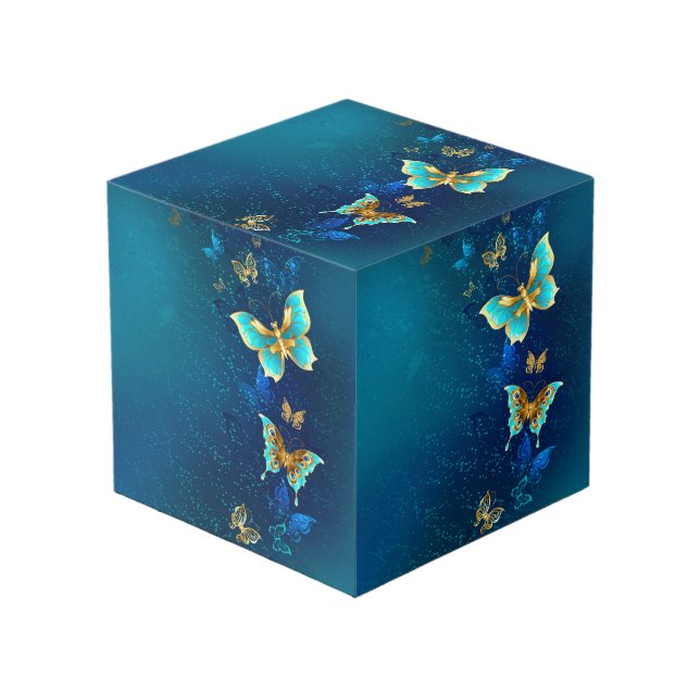 Golden Butterflies on a Blue Background Cube (Front Angled)