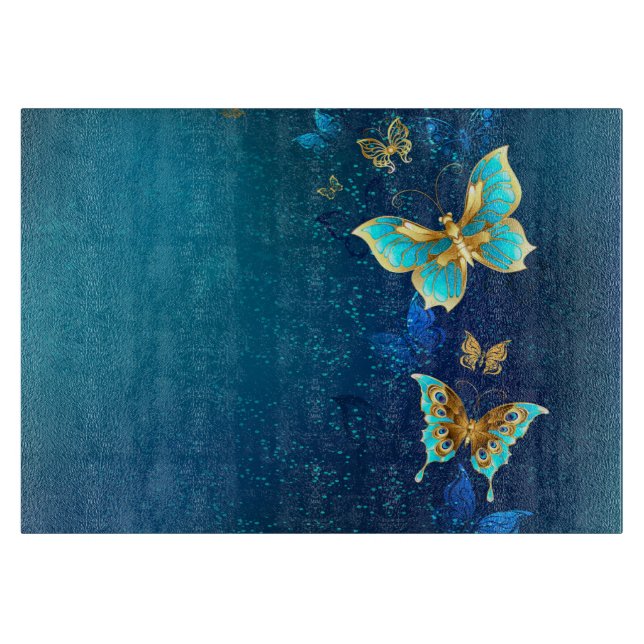 Golden Butterflies on a Blue Background Cutting Board (Front)