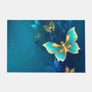 Golden Butterflies on a Blue Background Doormat