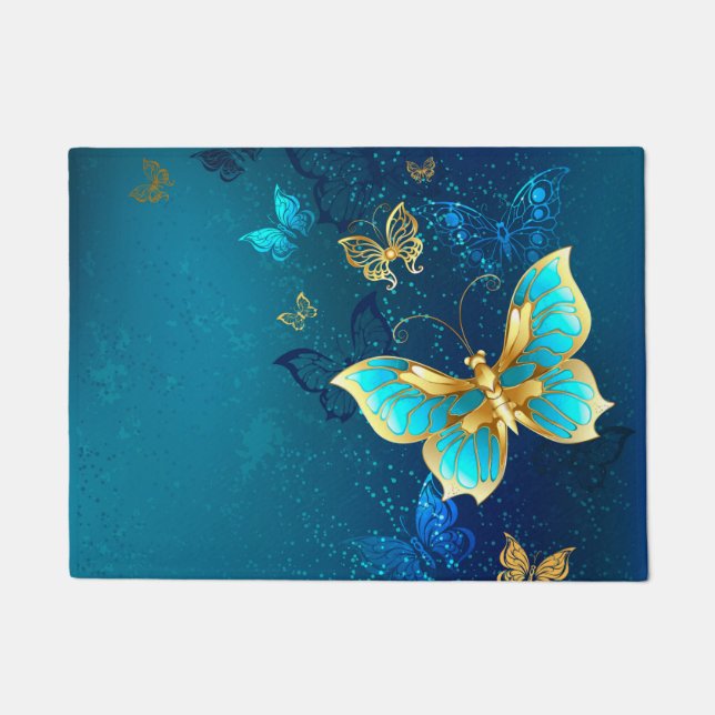 Golden Butterflies on a Blue Background Doormat (Front)