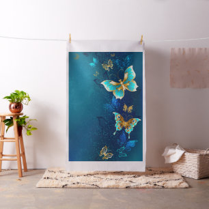 Golden Butterflies on a Blue Background Fabric