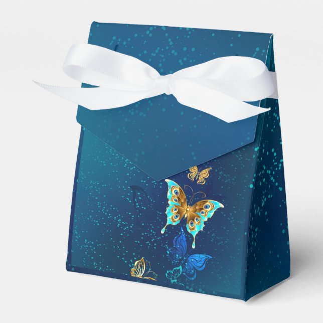 Golden Butterflies on a Blue Background Favor Box (Front Side)
