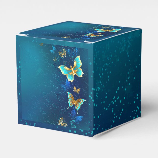 Golden Butterflies on a Blue Background Favor Box (Front Side)