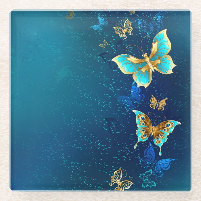 Golden Butterflies on a Blue Background Glass Coaster (Front)