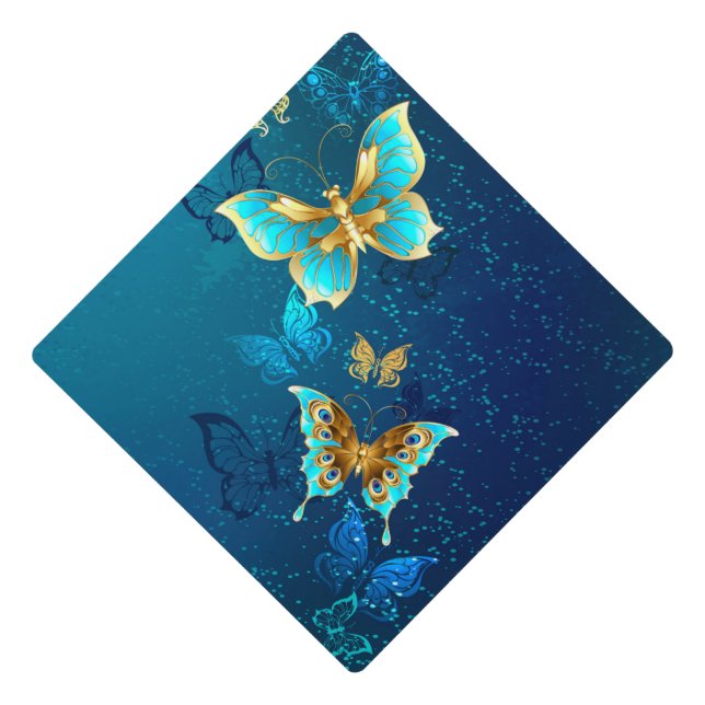 Golden Butterflies on a Blue Background Graduation Cap Topper (Front)
