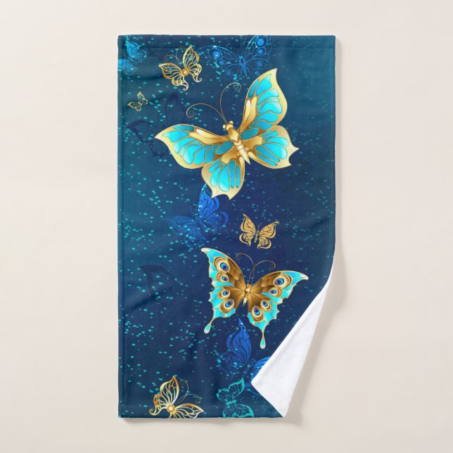 Golden Butterflies on a Blue Background Hand Towel (Hand Towel)