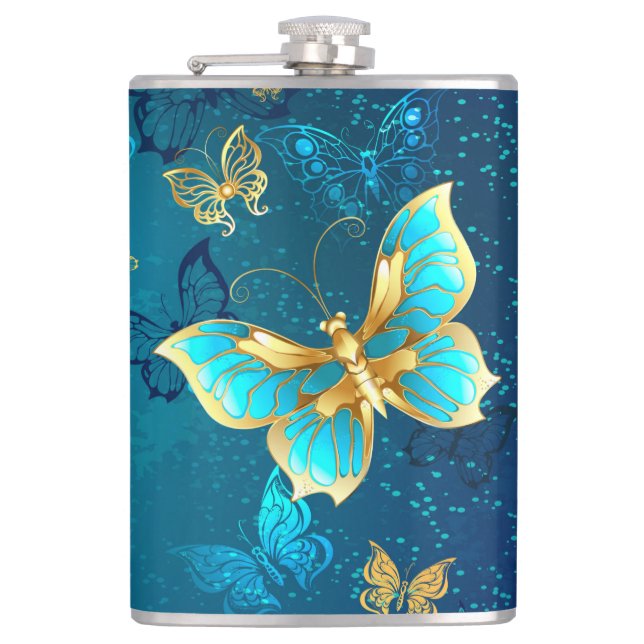 Golden Butterflies on a Blue Background Hip Flask (Front)
