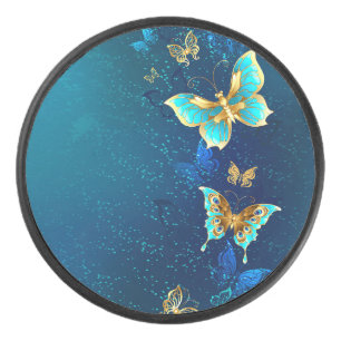 Golden Butterflies on a Blue Background Hockey Puck