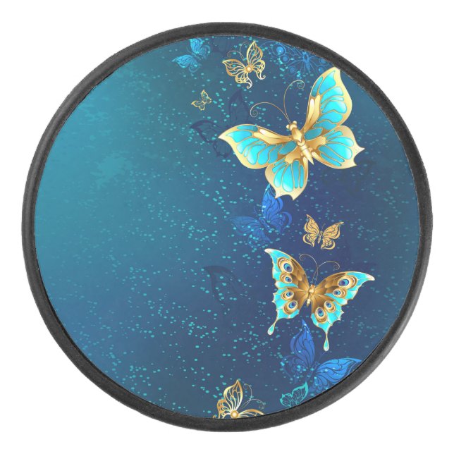 Golden Butterflies on a Blue Background Hockey Puck (Front)