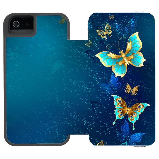 Golden Butterflies on a Blue Background Incipio iPhone Wallet Case (Folio Open)
