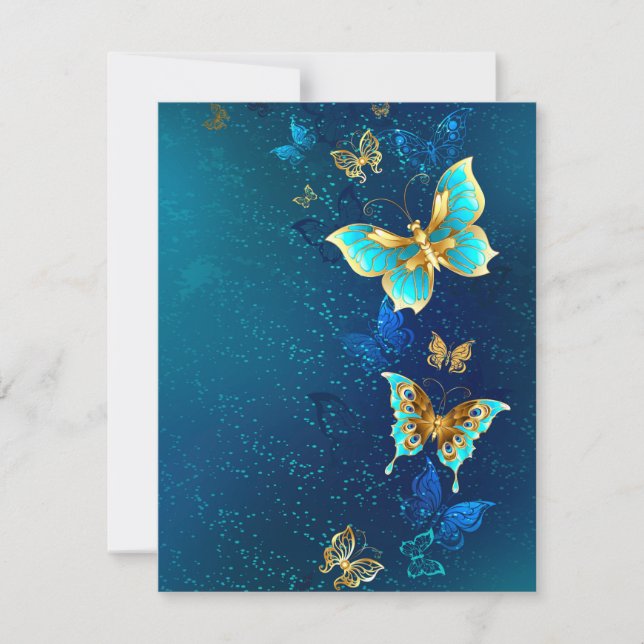 Golden Butterflies on a Blue Background Invitation (Front)