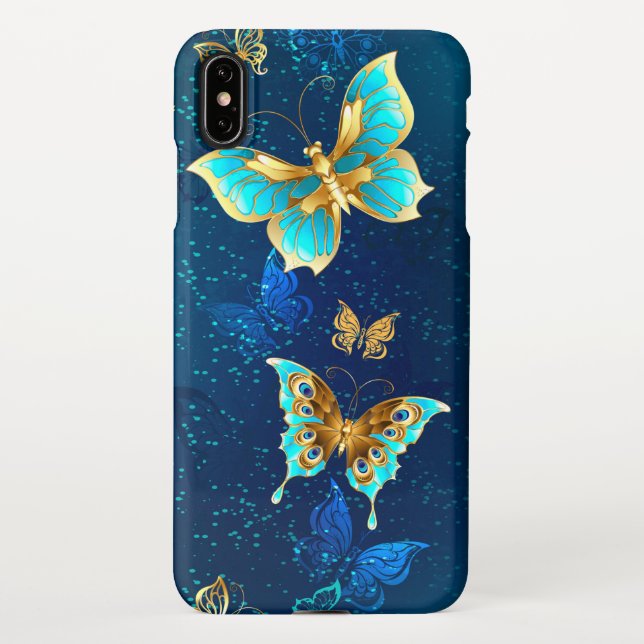 Golden Butterflies on a Blue Background iPhone Case (Back)
