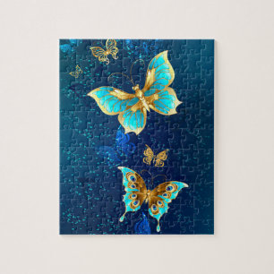 Golden Butterflies on a Blue Background Jigsaw Puzzle