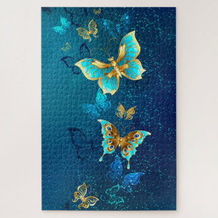 Golden Butterflies on a Blue Background Jigsaw Puzzle
