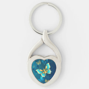 Golden Butterflies on a Blue Background Keychain