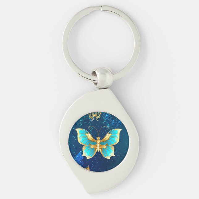 Golden Butterflies on a Blue Background Keychain (Front)