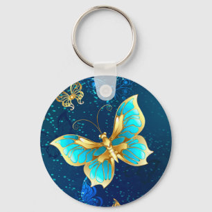 Golden Butterflies on a Blue Background Keychain