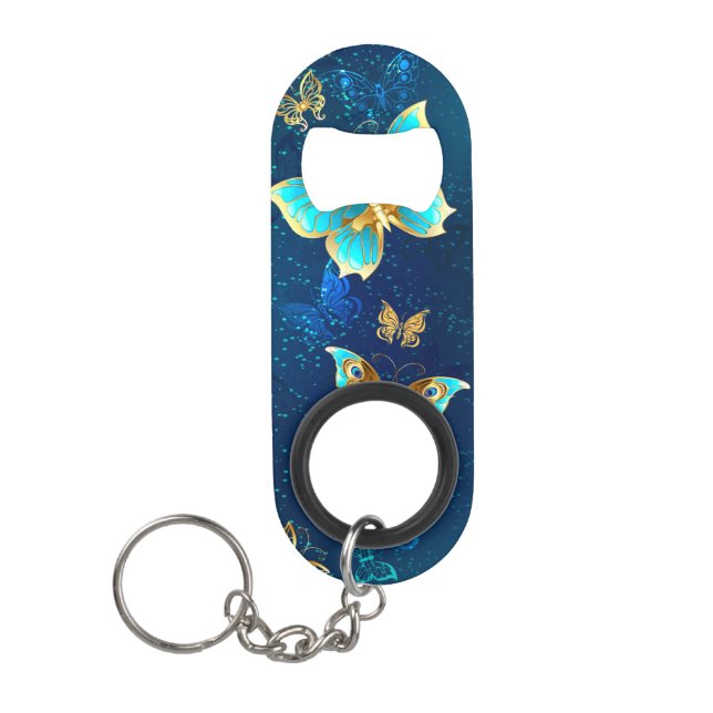 Golden Butterflies on a Blue Background Keychain Bottle Opener (Front)